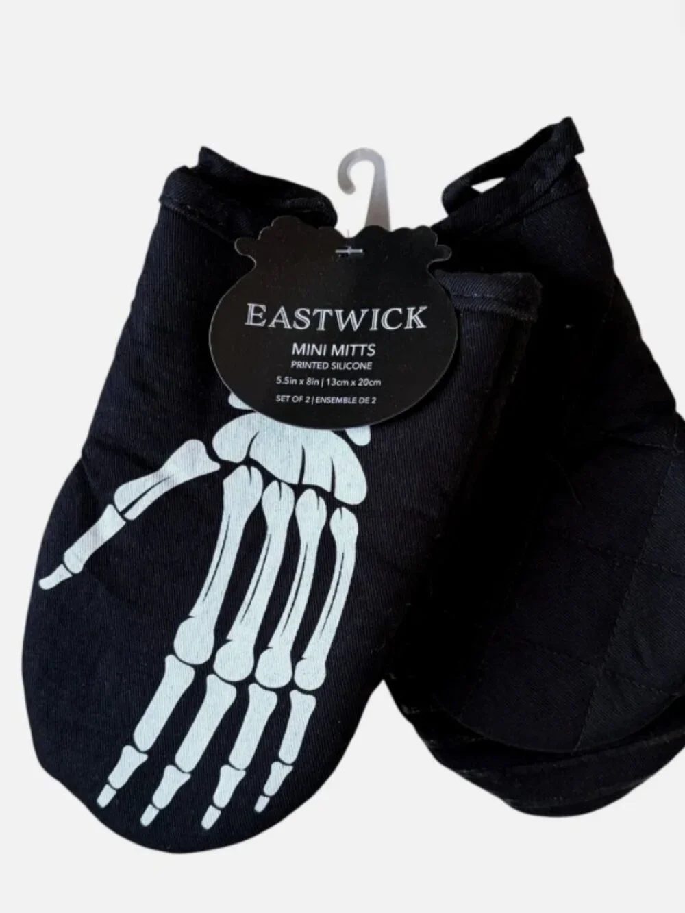 NWT EASTWICK Black Mini Oven Mitts with White Skeleton Print